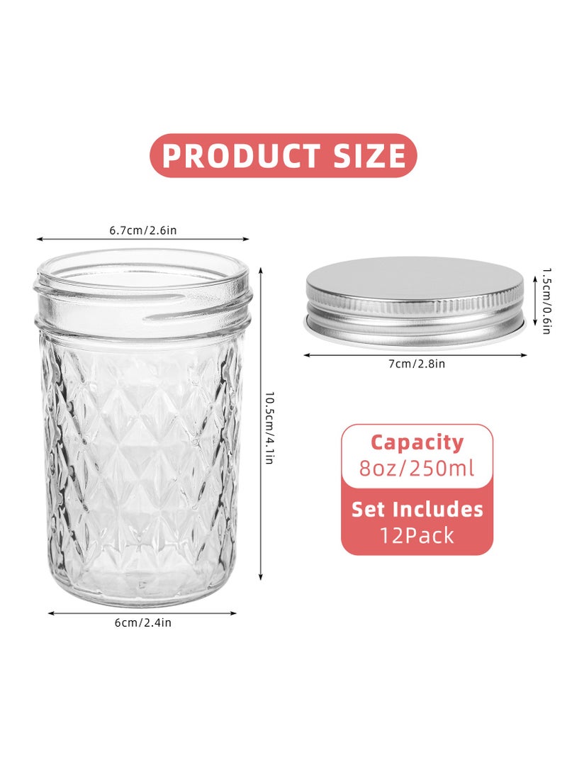 12 Pack 8oz Mason Jars with Silver Lids – Crystal Glass Canning, 250ml Wide Mouth Jelly Jars for Honey, Jam, Food Storage, DIY Crafts, Party & Wedding Favors