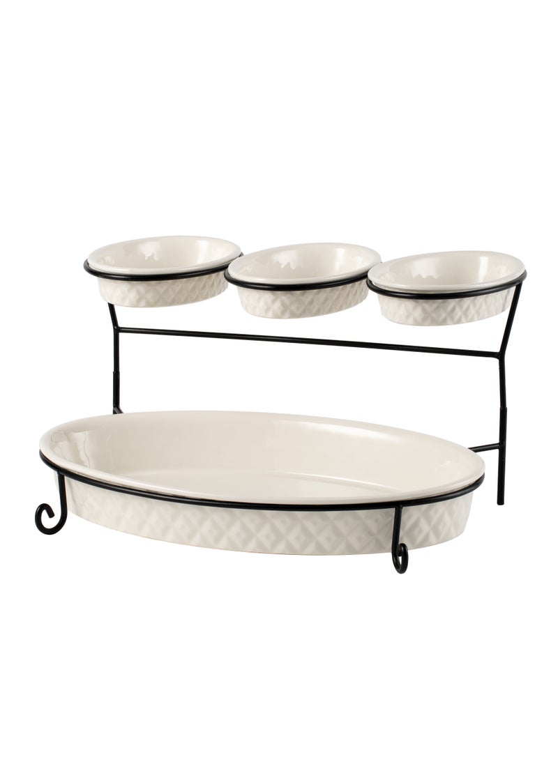 Shallow Porcelain 2-Tier Oval Serving Set - Black Stand Rack - 3x 20cm and 1x 40cm