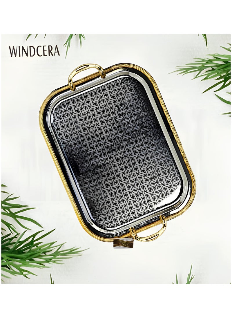 WINDCERA Large Tray with Handle Gold & Silver | Multi-Purpose for Serving Meals, Tea, Coffee, & Gifting, (46.5cm x 37cm).