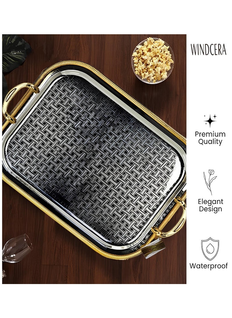 WINDCERA Large Tray with Handle Gold & Silver | Multi-Purpose for Serving Meals, Tea, Coffee, & Gifting, (46.5cm x 37cm).