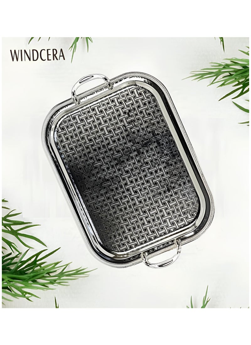 WINDCERA Large Tray with Handle Silver Shade | Multi-Purpose for Serving Meals, Tea, Coffee, & Gifting, (46.5cm x 37cm).