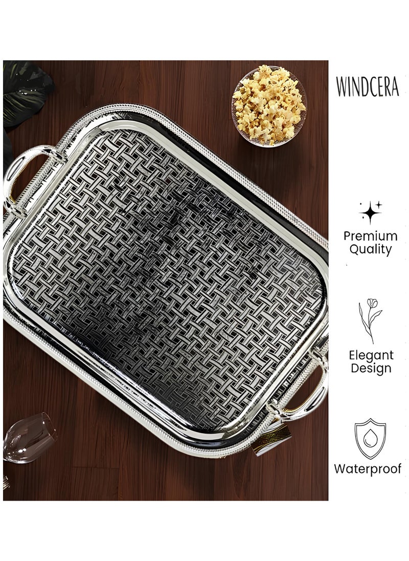 WINDCERA Large Tray with Handle Silver Shade | Multi-Purpose for Serving Meals, Tea, Coffee, & Gifting, (46.5cm x 37cm).