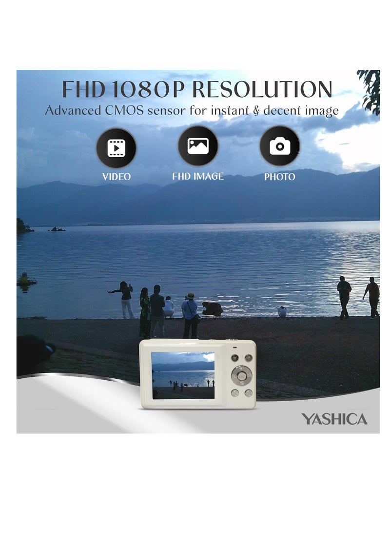 Yashica DigiPix 100 Digital Camera, FHD 1080P, 16X Zoom, Compact Point & Shoot Camera for Teens, White