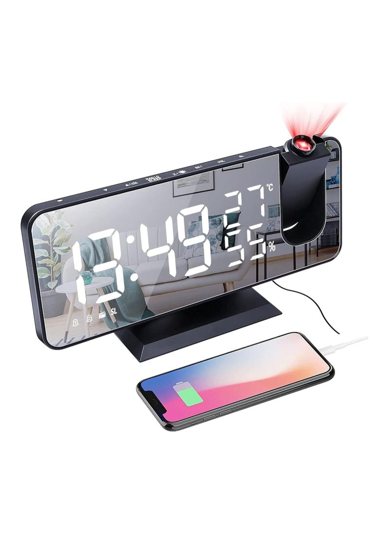 Projection Alarm Clock with FM Radio, USB Charger, Thermometer, Humidity Display, and 7.4'' LED Mirror Display