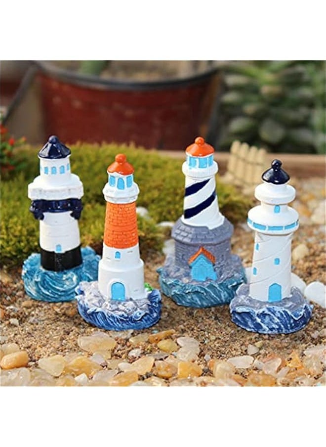 Mini Lighthouse Model Decor, Resin Mediterranean Figurines Miniature Landscaping Decorations Cake Toppers for Office Home Dollhouse Party Gift 4Pcs