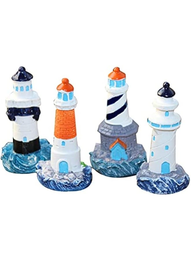 Mini Lighthouse Model Decor, Resin Mediterranean Figurines Miniature Landscaping Decorations Cake Toppers for Office Home Dollhouse Party Gift 4Pcs