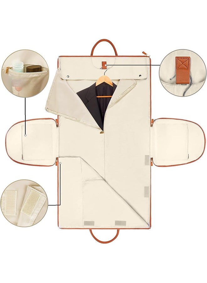 Carry On Garment Bag, Large PU Leather Duffle Bag for Women, Waterproof Garment Bags for Travel with Shoe Pouch, 2 in 1 Hanging Suitcase Suit Travel Bags, Great Gifts for Women (Beige)