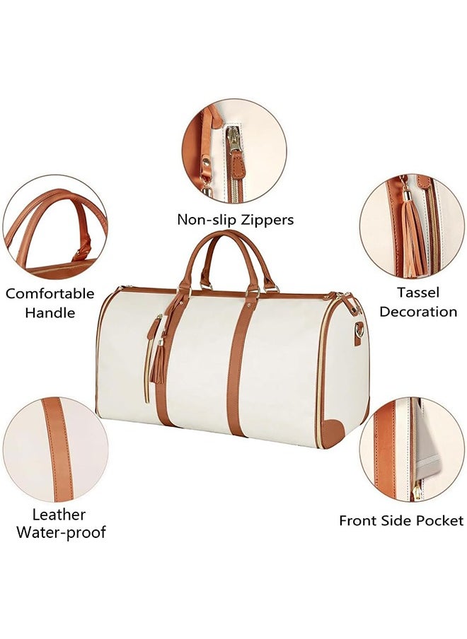 Carry On Garment Bag, Large PU Leather Duffle Bag for Women, Waterproof Garment Bags for Travel with Shoe Pouch, 2 in 1 Hanging Suitcase Suit Travel Bags, Great Gifts for Women (Beige)