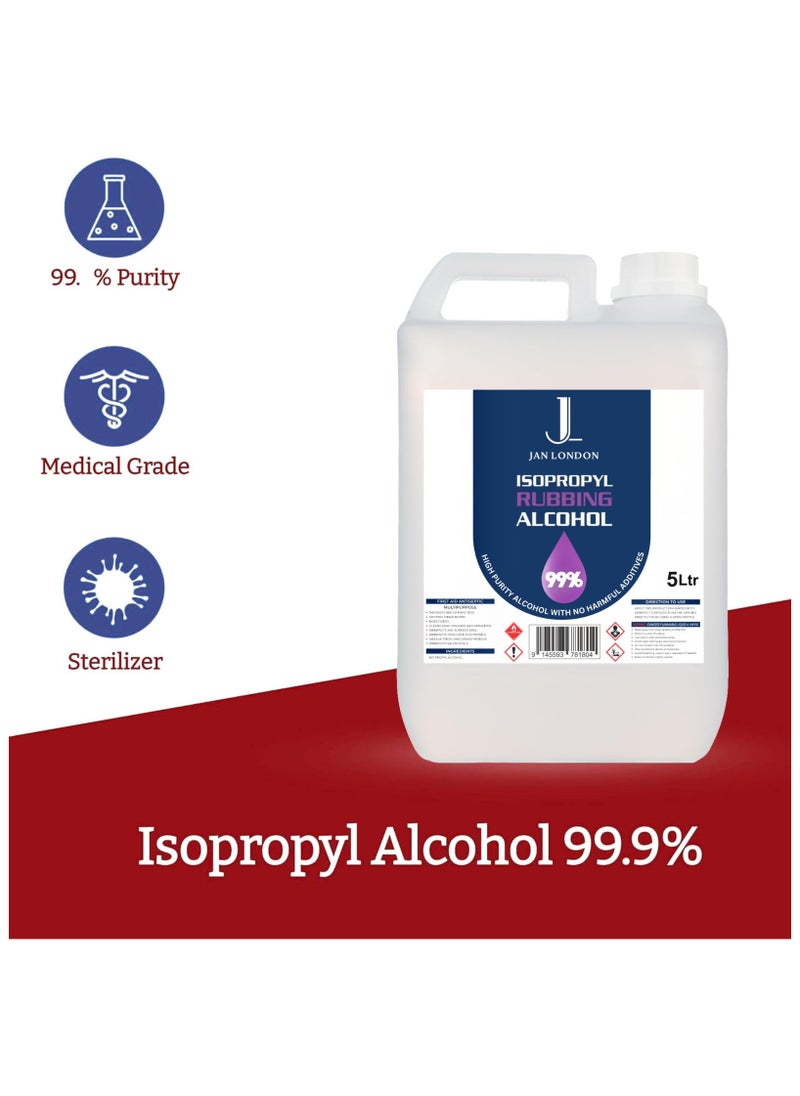 Isopropyl Rubbing Alcohol, IPA 99.9% High Purity – Multipurpose Disinfectant & Cleaner for Surfaces, Electronics, First-Aid, and More – Fast Evaporating, Residue-Free, 5Liter