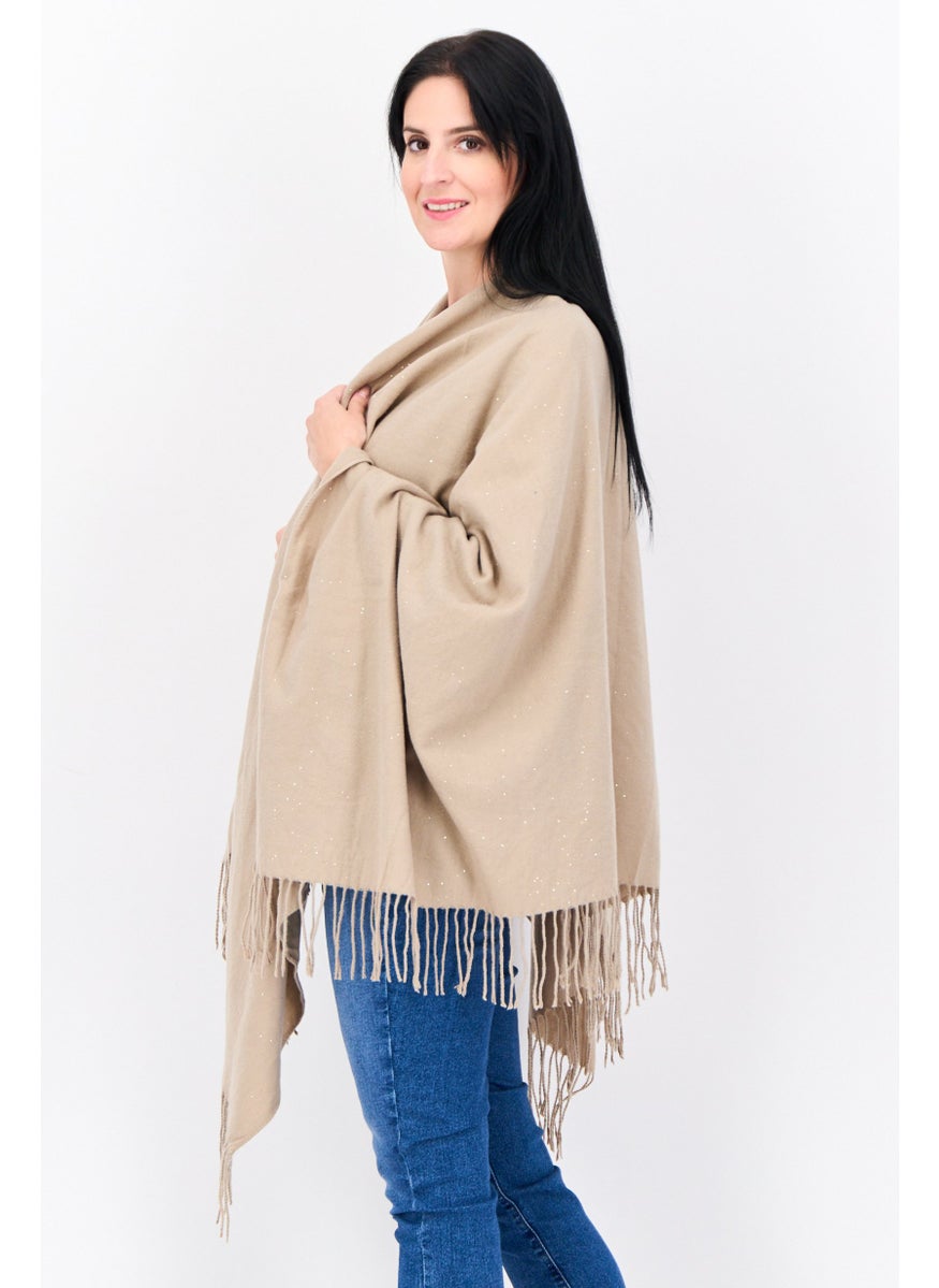 Women Split Neck Metallic Poncho, Taupe