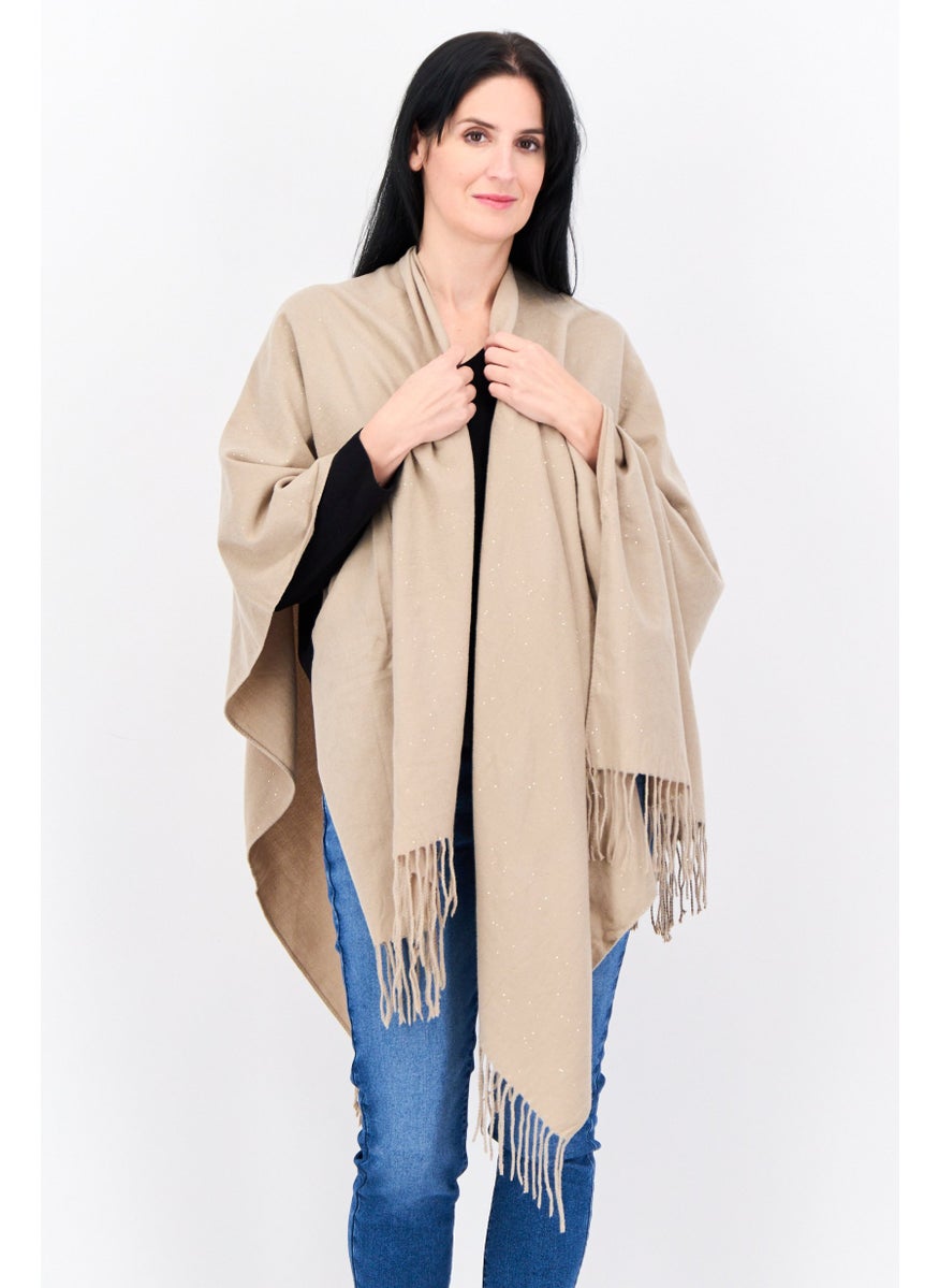 Women Split Neck Metallic Poncho, Taupe