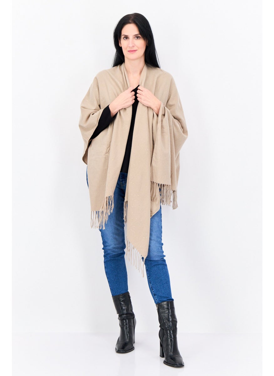 Women Split Neck Metallic Poncho, Taupe