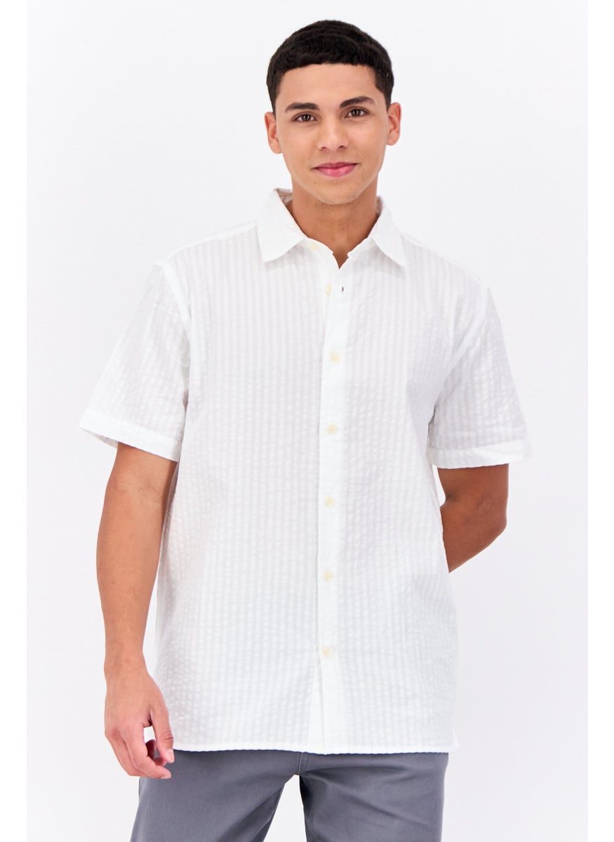 Men Regular Fit Short Sleeves Stripe Casual Shirt, White