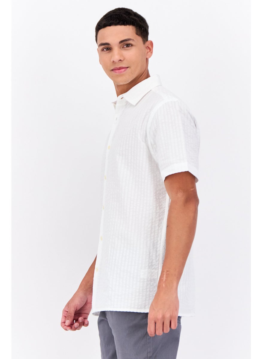 Men Regular Fit Short Sleeves Stripe Casual Shirt, White