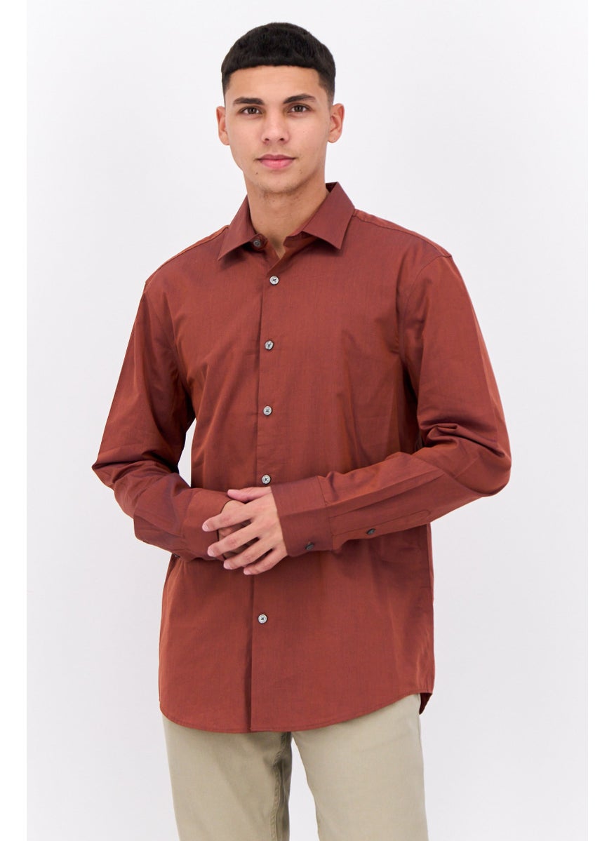 Men Slim Fit Birdseye Long Sleeves Casual Shirt, Dark Brown