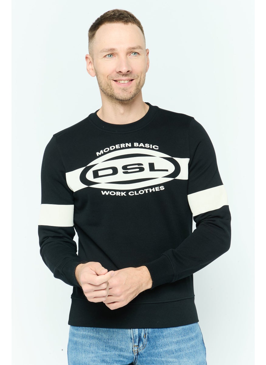 Men Crew Neck Long Sleeves Vintage Logo Sweatshirt, Black