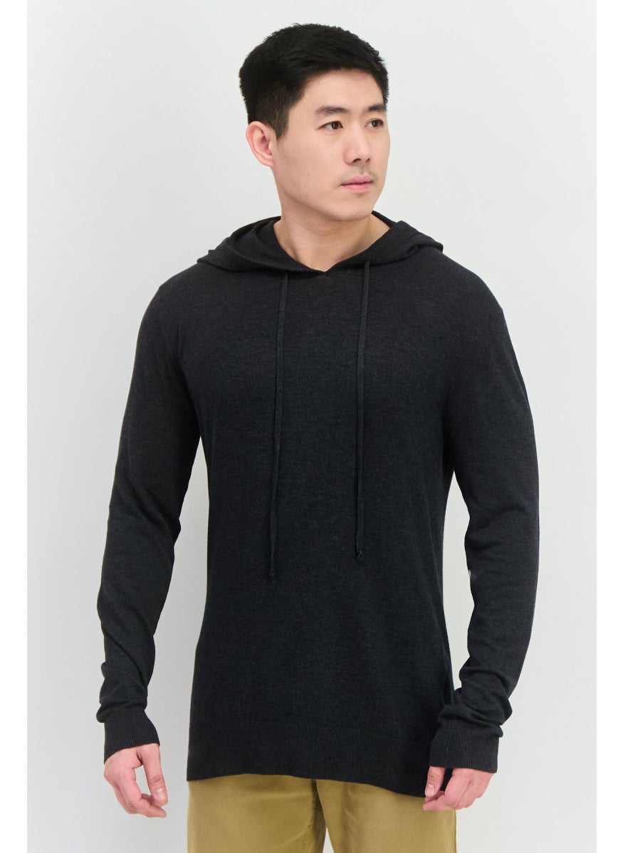 Men Hooded Long Sleeves Heather Sweater, Charcoal