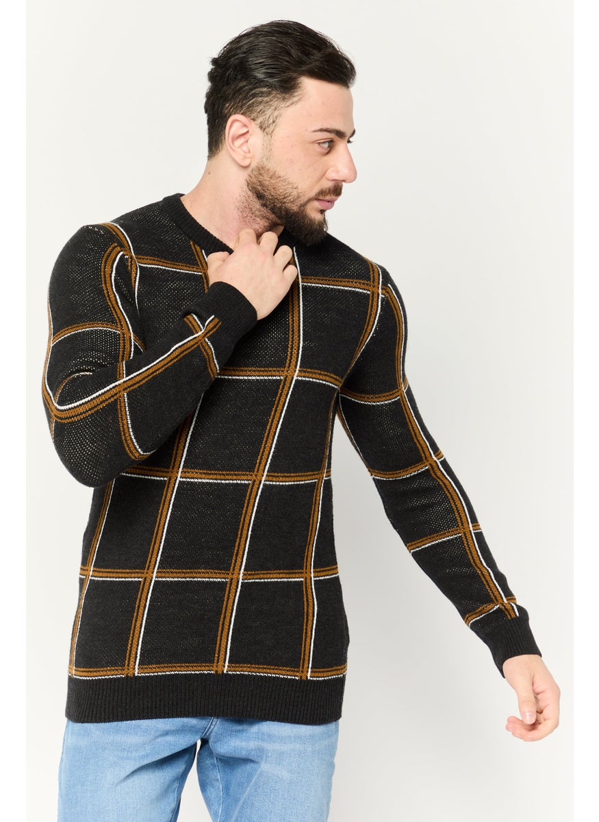 Men Crew Neck Plaid Sweater, Black Combo