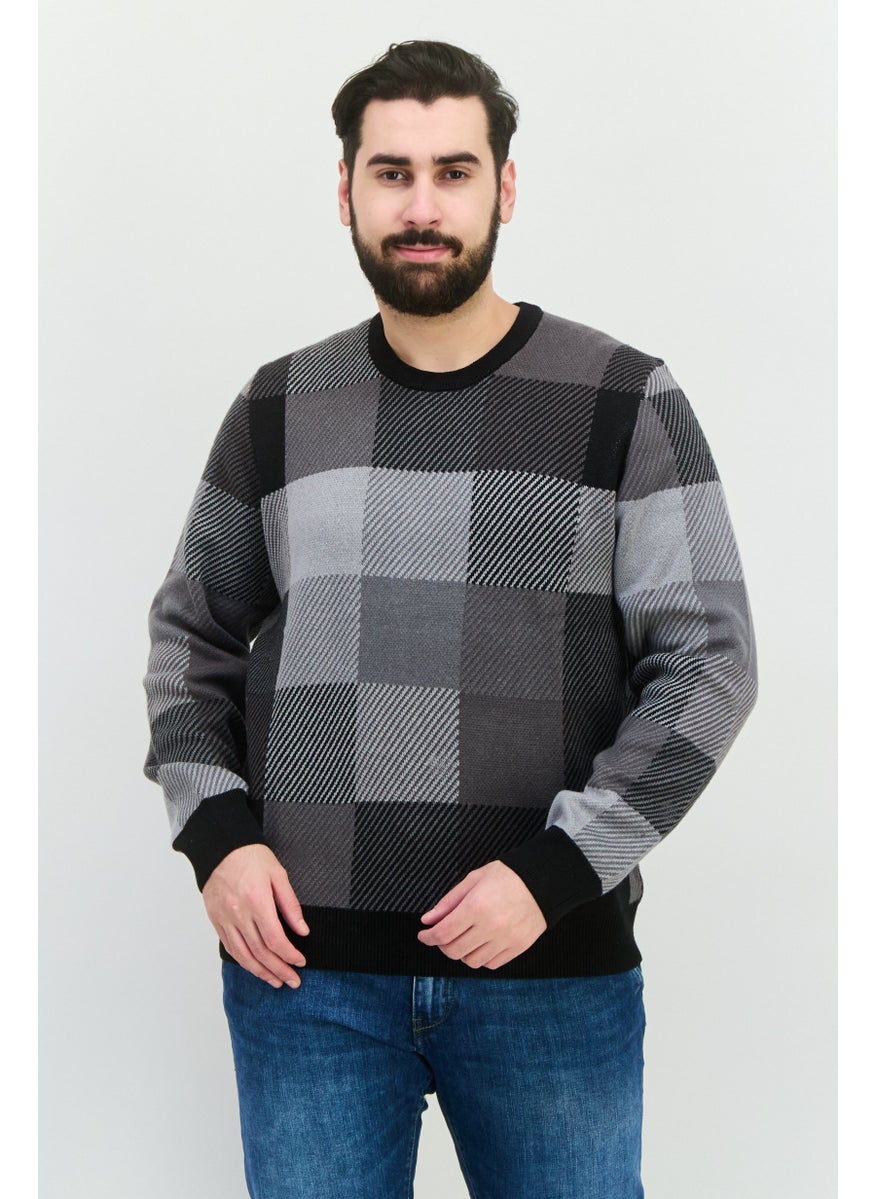 Men Crew Neck Checkered Sweater, Black