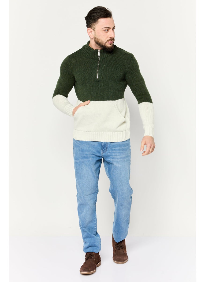 Men Mock Neck Two Tone Sweater, Dark Olive/Ivory