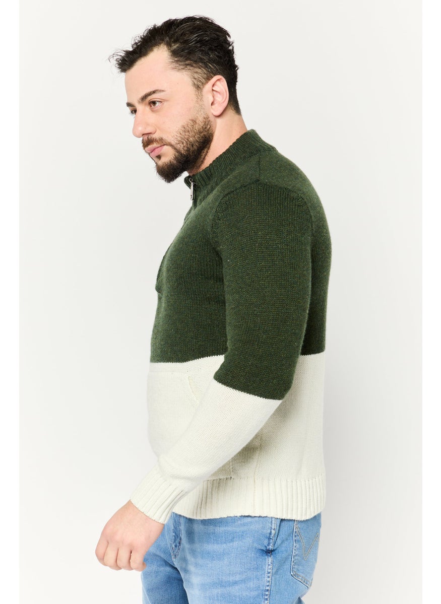 Men Mock Neck Two Tone Sweater, Dark Olive/Ivory