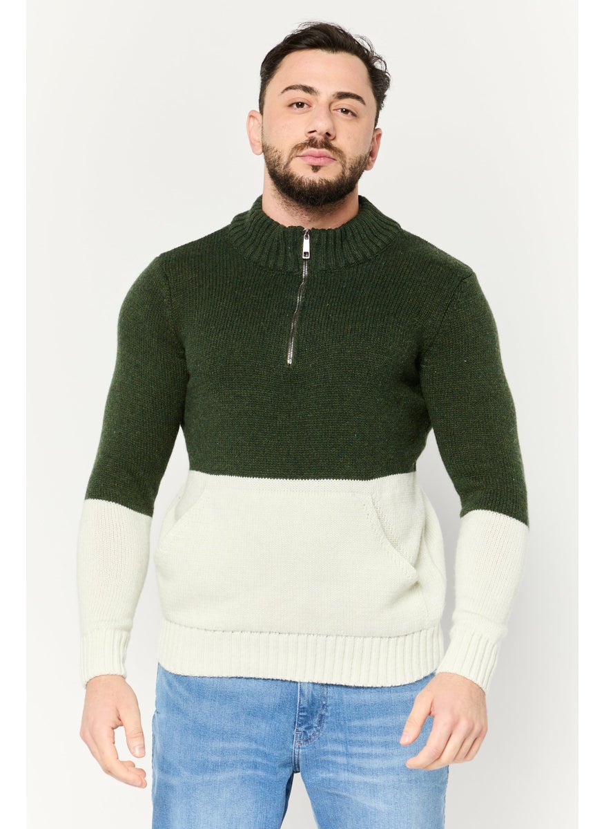 Men Mock Neck Two Tone Sweater, Dark Olive/Ivory