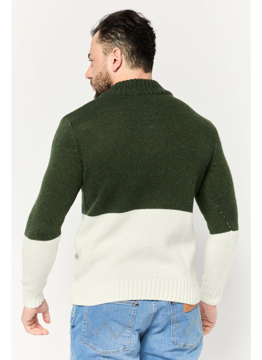 Men Mock Neck Two Tone Sweater, Dark Olive/Ivory