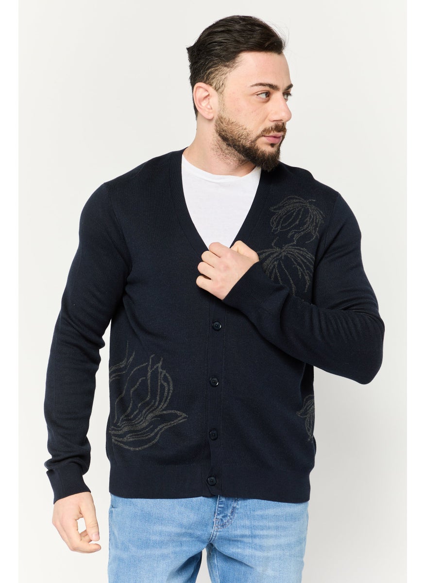 Men V-Neck Long Sleeve Printed Cardigan, Navy