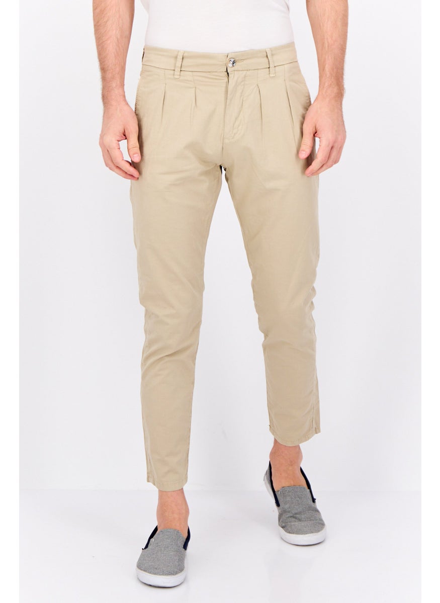 Men Regular Fit Solid Straight Leg Pants, Beige