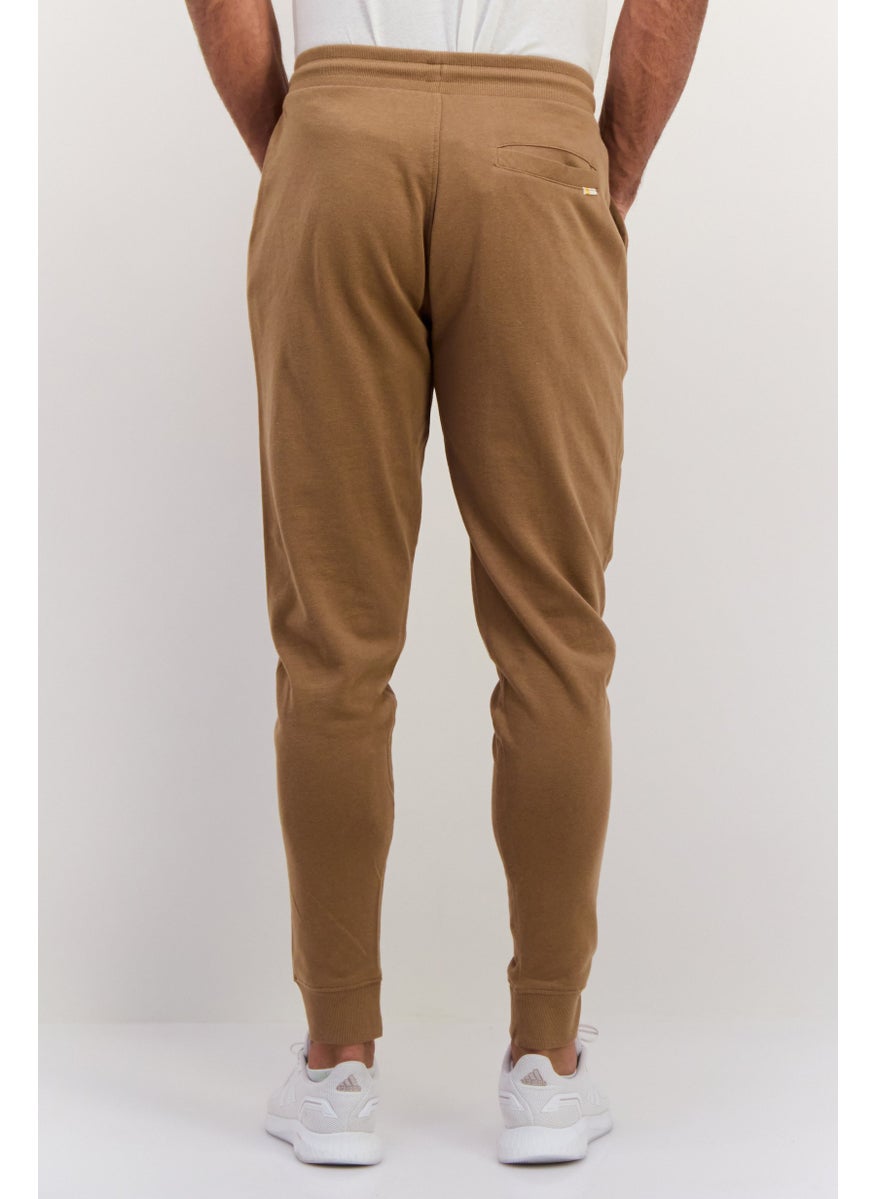 Men Solid Drawstring Jogger Pants, Brown