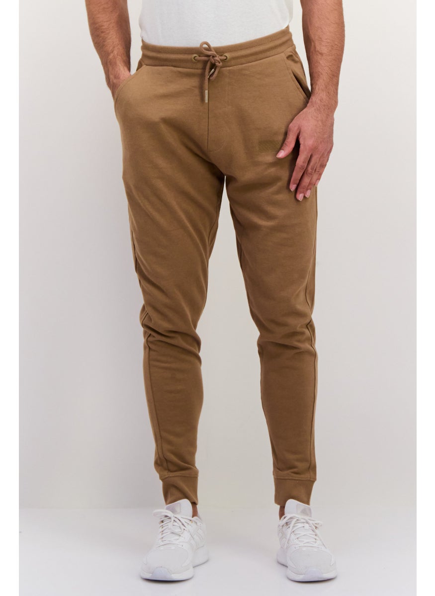 Men Solid Drawstring Jogger Pants, Brown