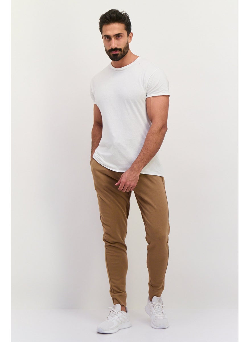 Men Solid Drawstring Jogger Pants, Brown