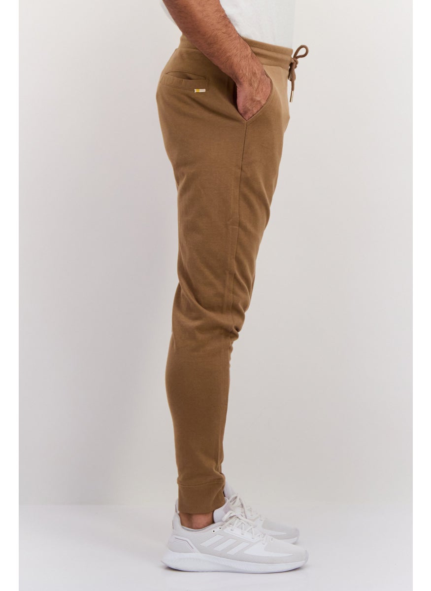 Men Solid Drawstring Jogger Pants, Brown