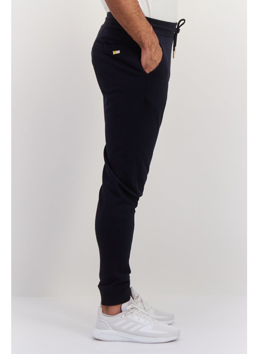 Men Solid Drawstring Jogger Pants, Navy Blue