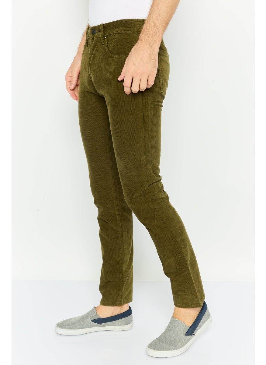 Men Slim Fit Solid Stretchable Corduroy Pants, Olive
