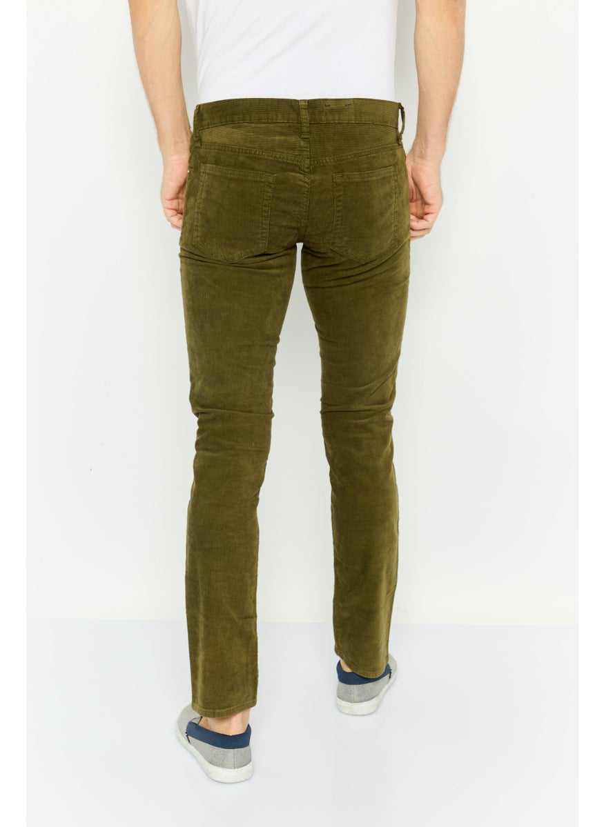 Men Slim Fit Solid Stretchable Corduroy Pants, Olive