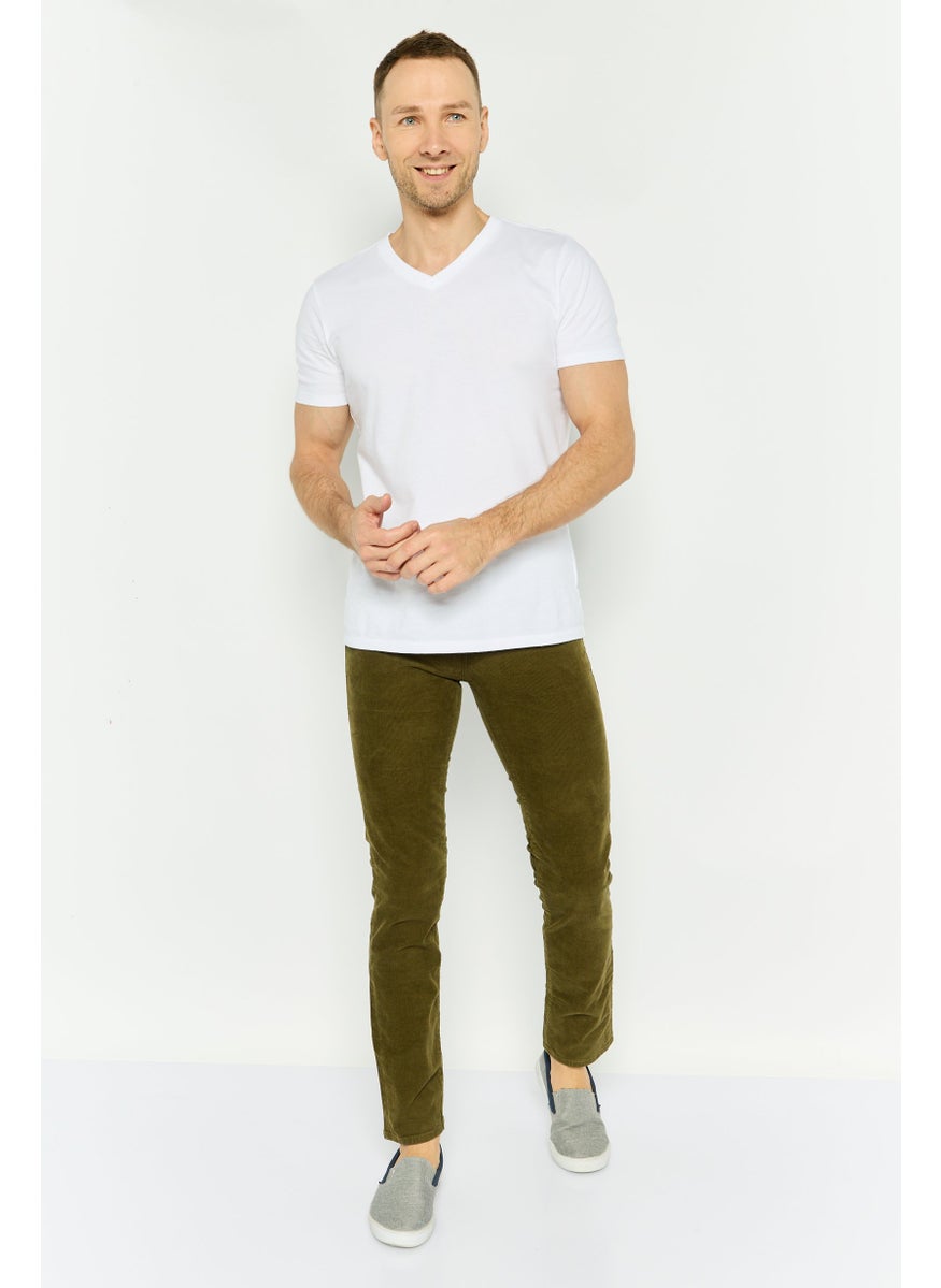 Men Slim Fit Solid Stretchable Corduroy Pants, Olive