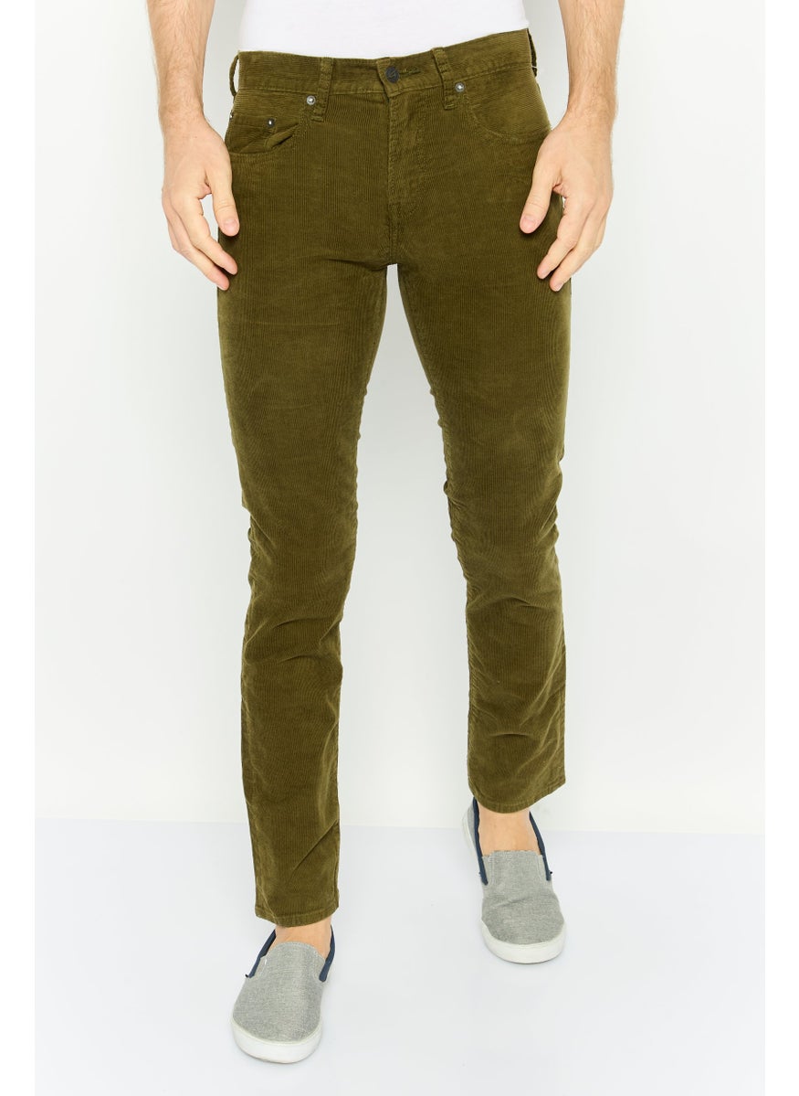 Men Slim Fit Solid Stretchable Corduroy Pants, Olive