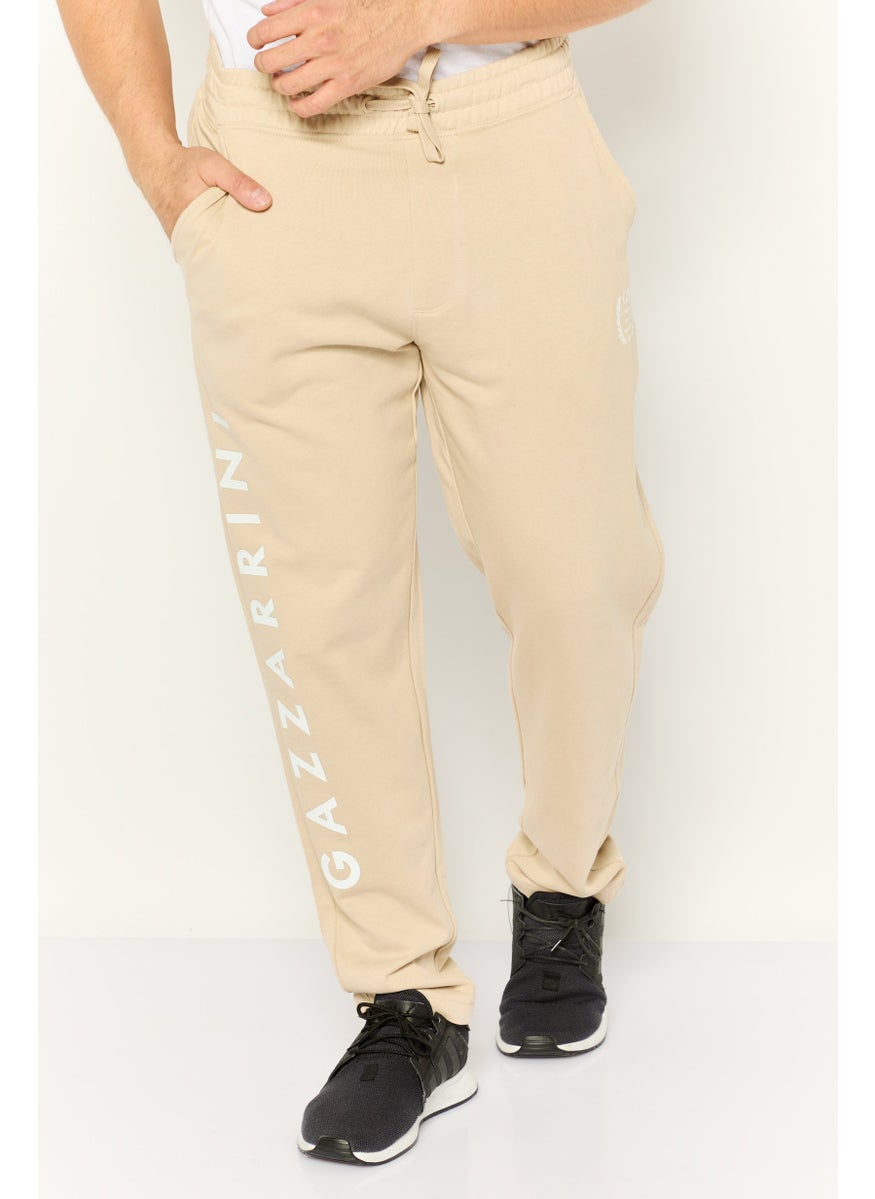 Men Regular Fit Drawstring Brand Logo Sweatpants, Beige