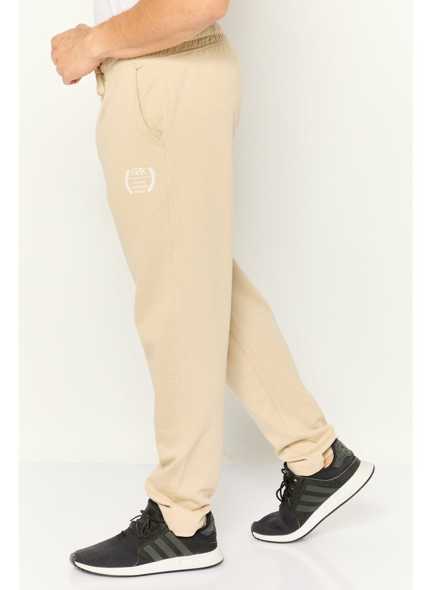 Men Regular Fit Drawstring Brand Logo Sweatpants, Beige