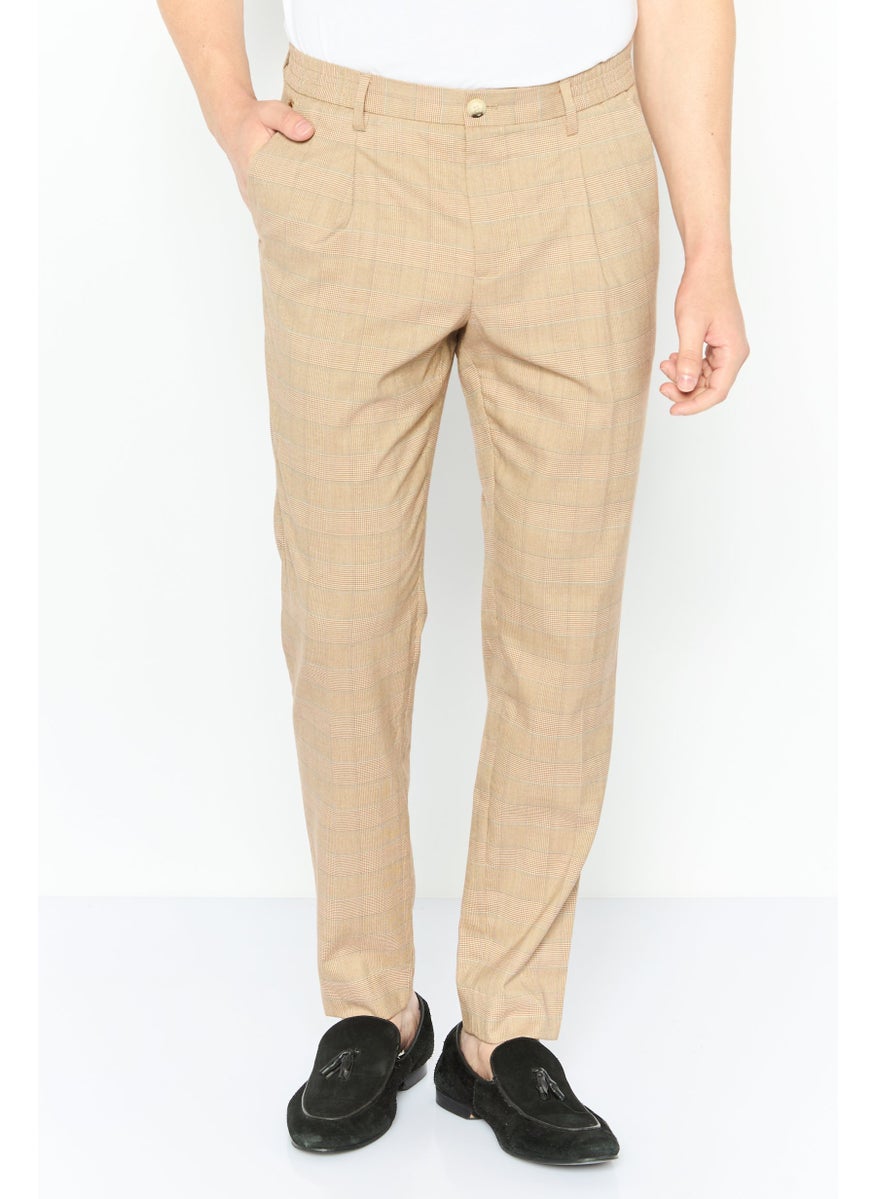 Men Slim Fit Plaid Stretchable Chino Pants, Beige Combo