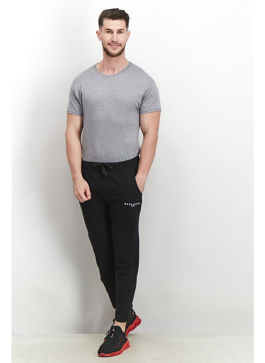 Men Regular Fit Drawstring Printed Pants, Black