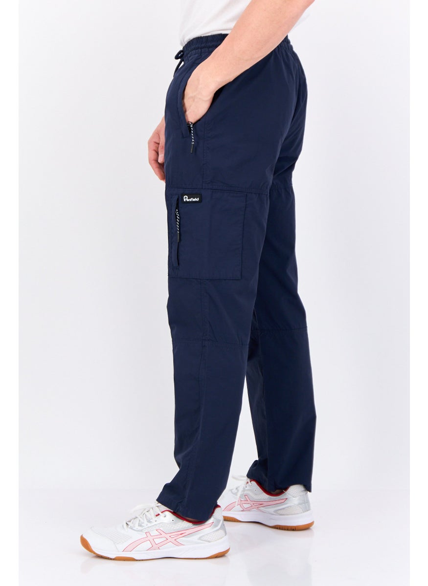 Men Regular Fit Solid Drawstring Cargo Pants, Navy