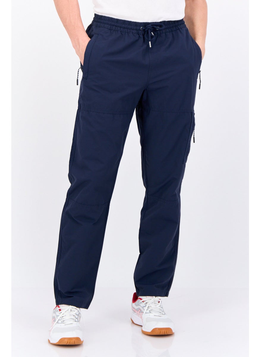 Men Regular Fit Solid Drawstring Cargo Pants, Navy