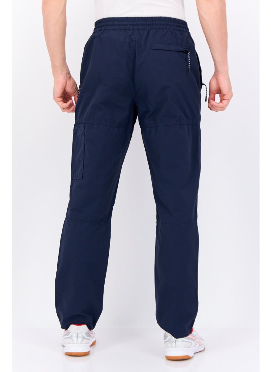 Men Regular Fit Solid Drawstring Cargo Pants, Navy