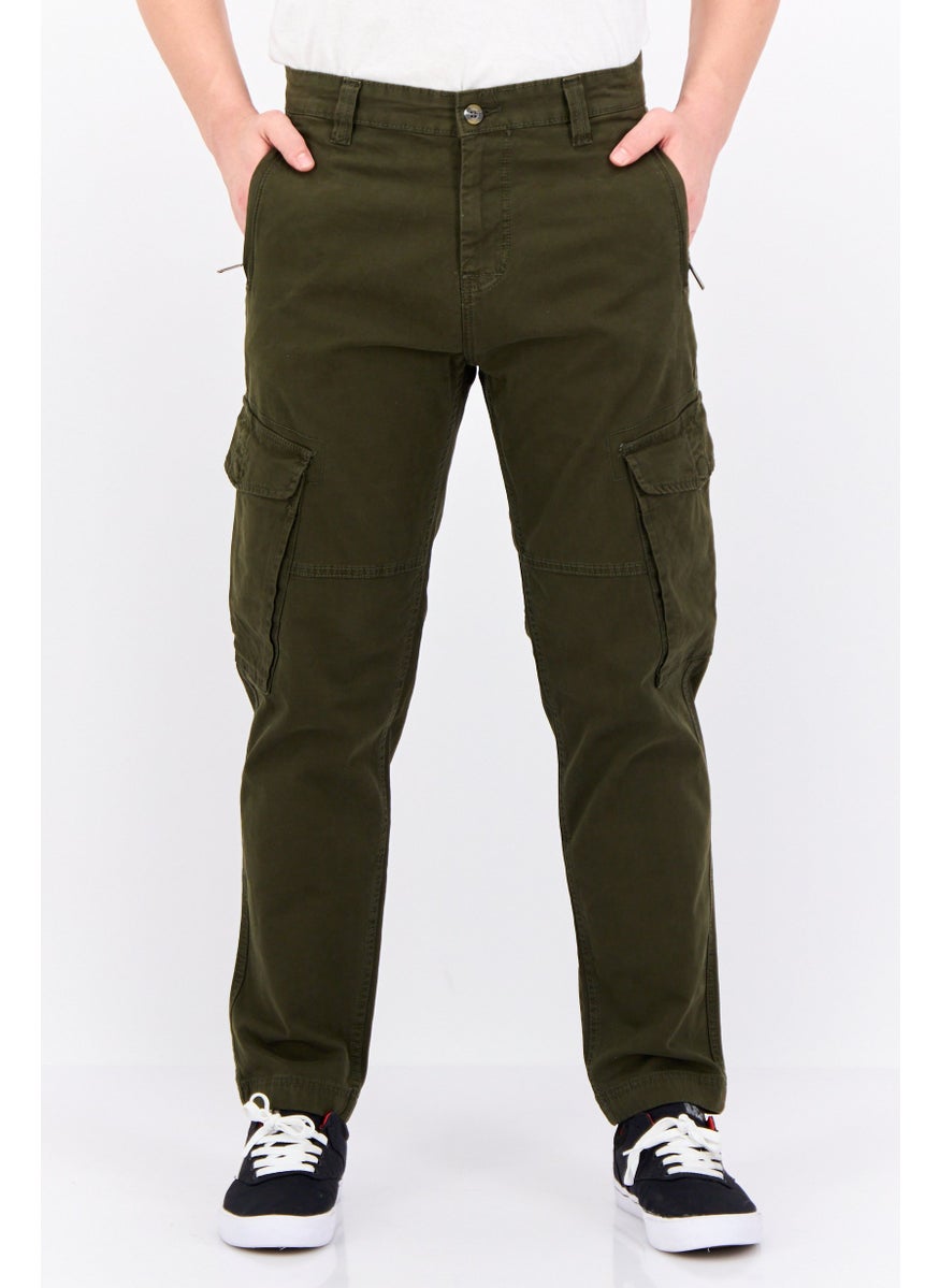 Men Regular Fit Solid Cargo Pants, Olive