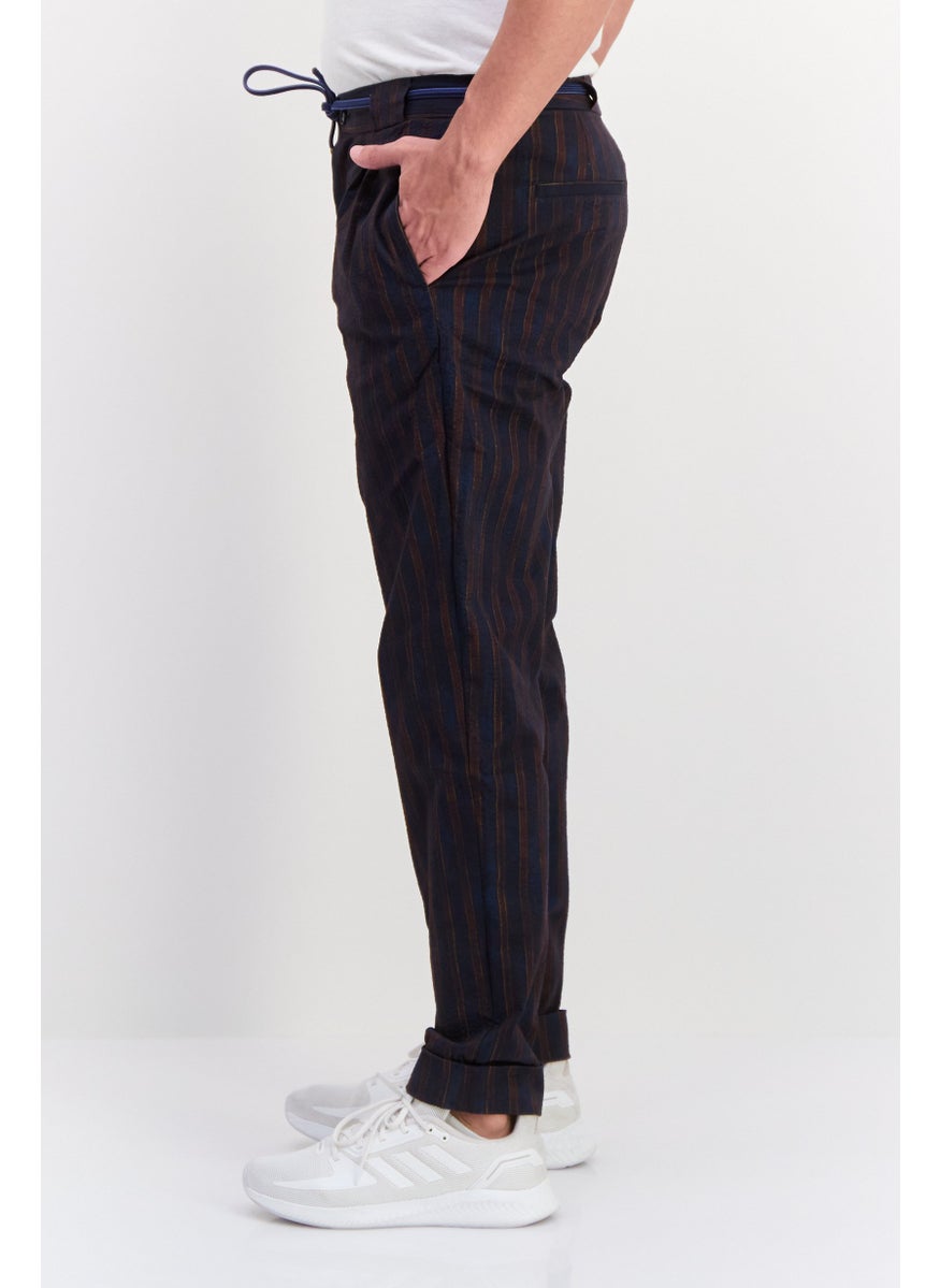 Men Tapered Fit Striped Stretchable Chino Pants, Navy