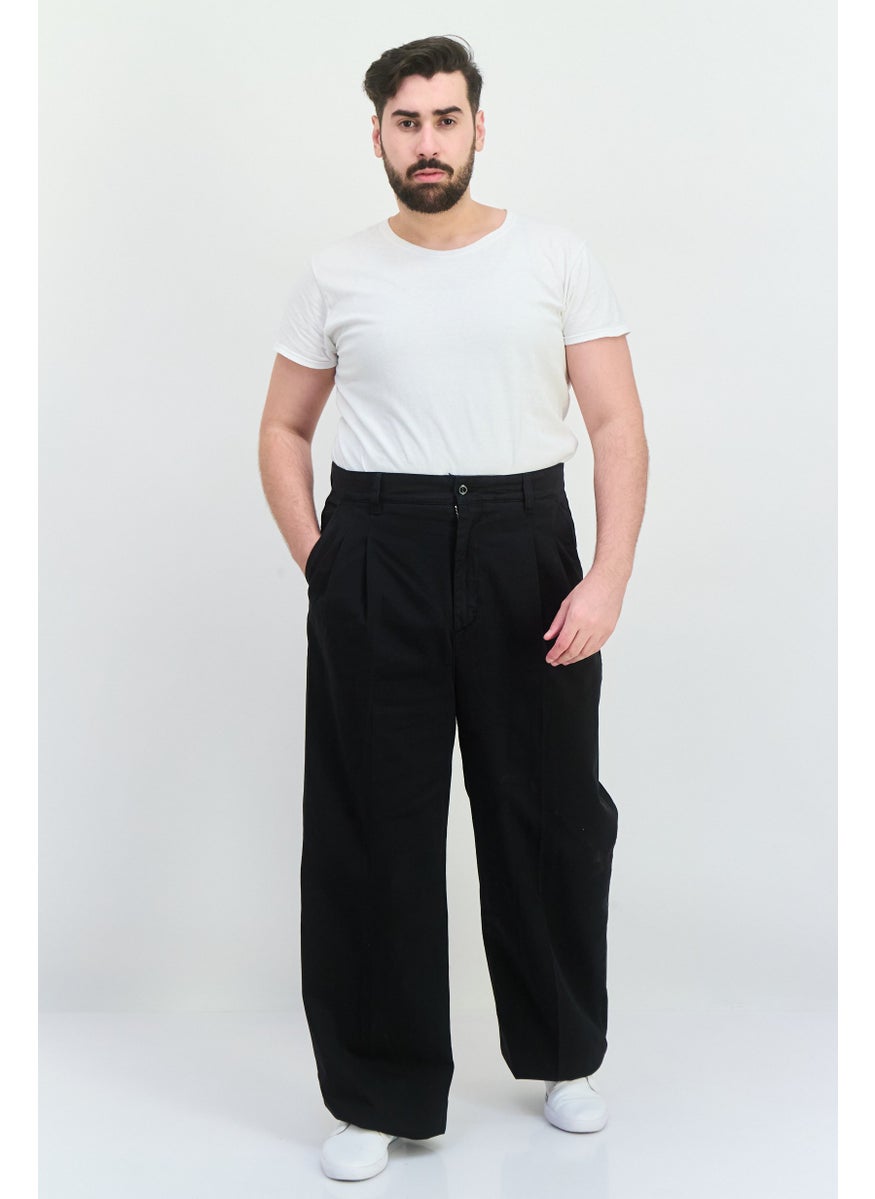 Men Regular Fit Solid Wide Leg Pants, Black