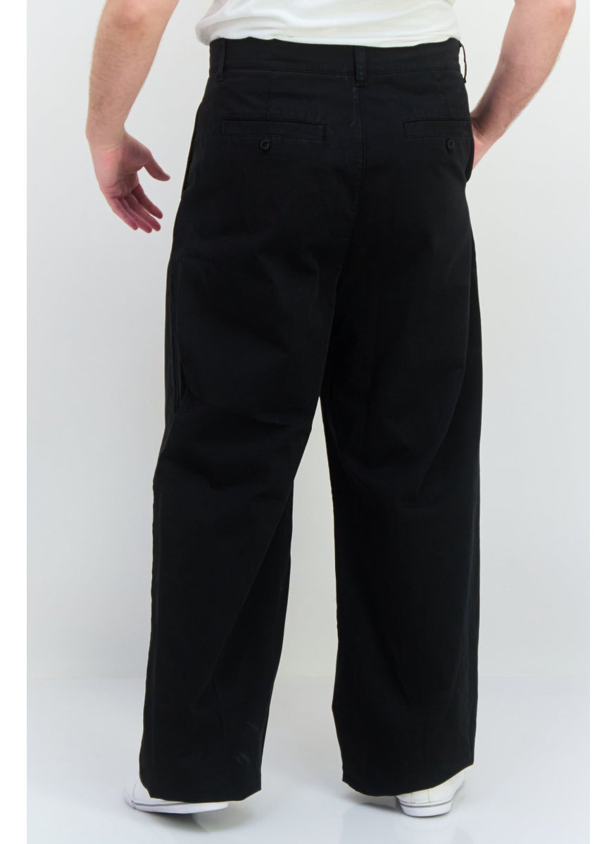 Men Regular Fit Solid Wide Leg Pants, Black