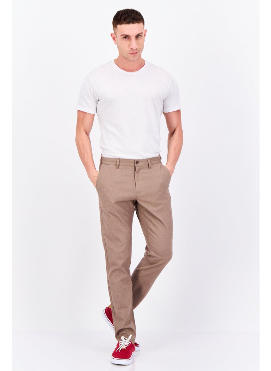 Men Slim Fit Textured Straight Leg Pants, Desert Brown